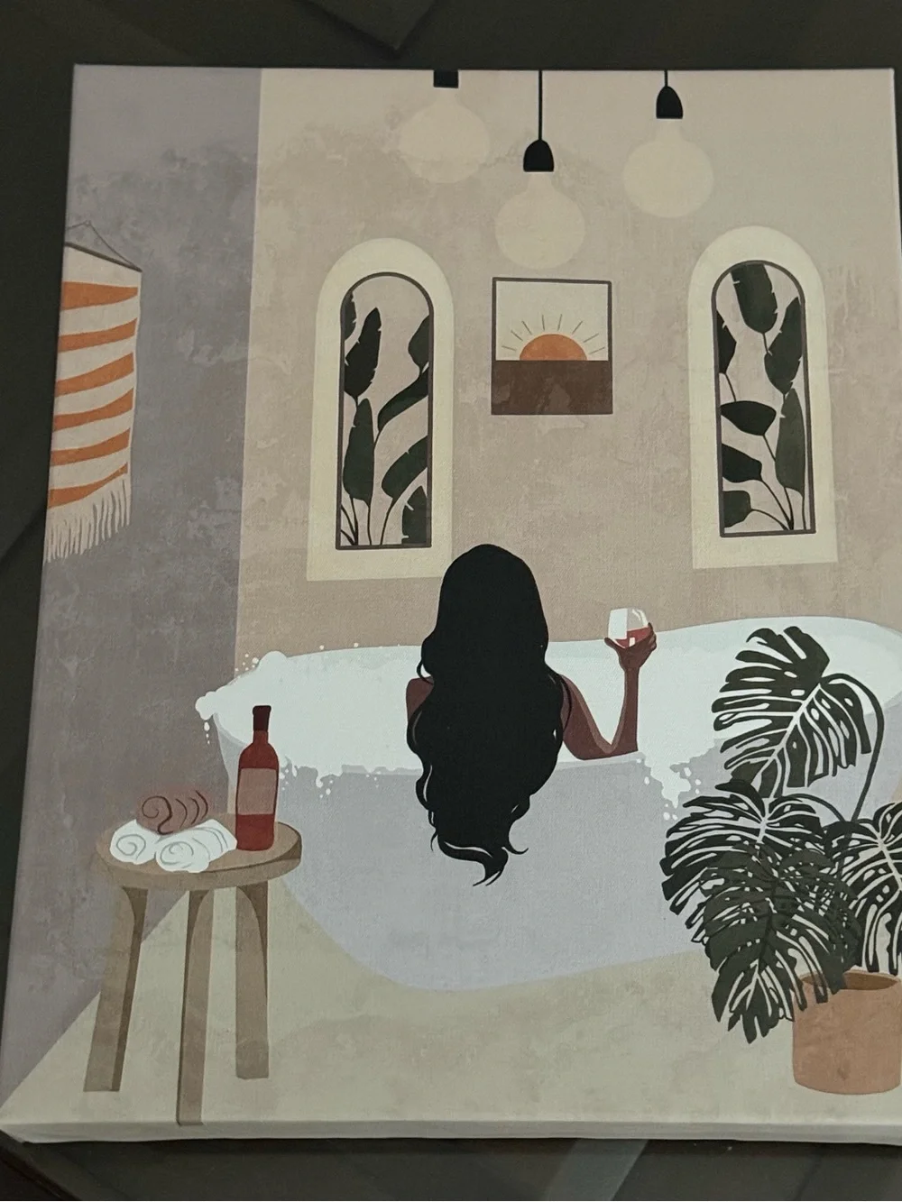 Source Unknown Neutral Toned Bath Wall Art with Green Plant and Black Silhouette